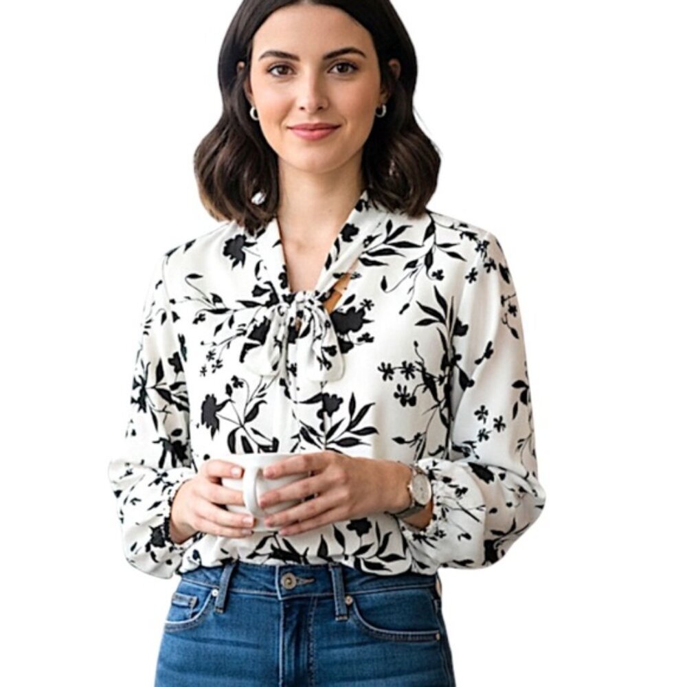 AUW Tie Front Blouse Long Sleeve Bold Floral Black White Women's Top Size XL